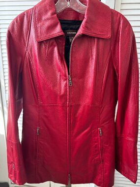 Vibrant red leather jacket by Danier